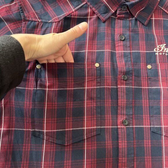 Indian Motorcycle Flannel Mens S Red/Blue Plaid Short Sleeve Button Down Bikers - Picture 7 of 16
